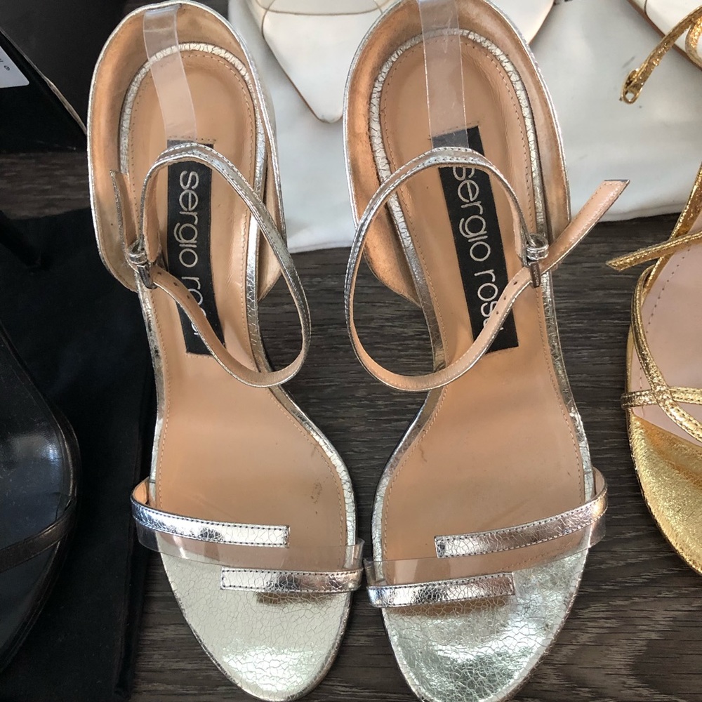 Sergio Rossi metallic silver heel w acrylic strap